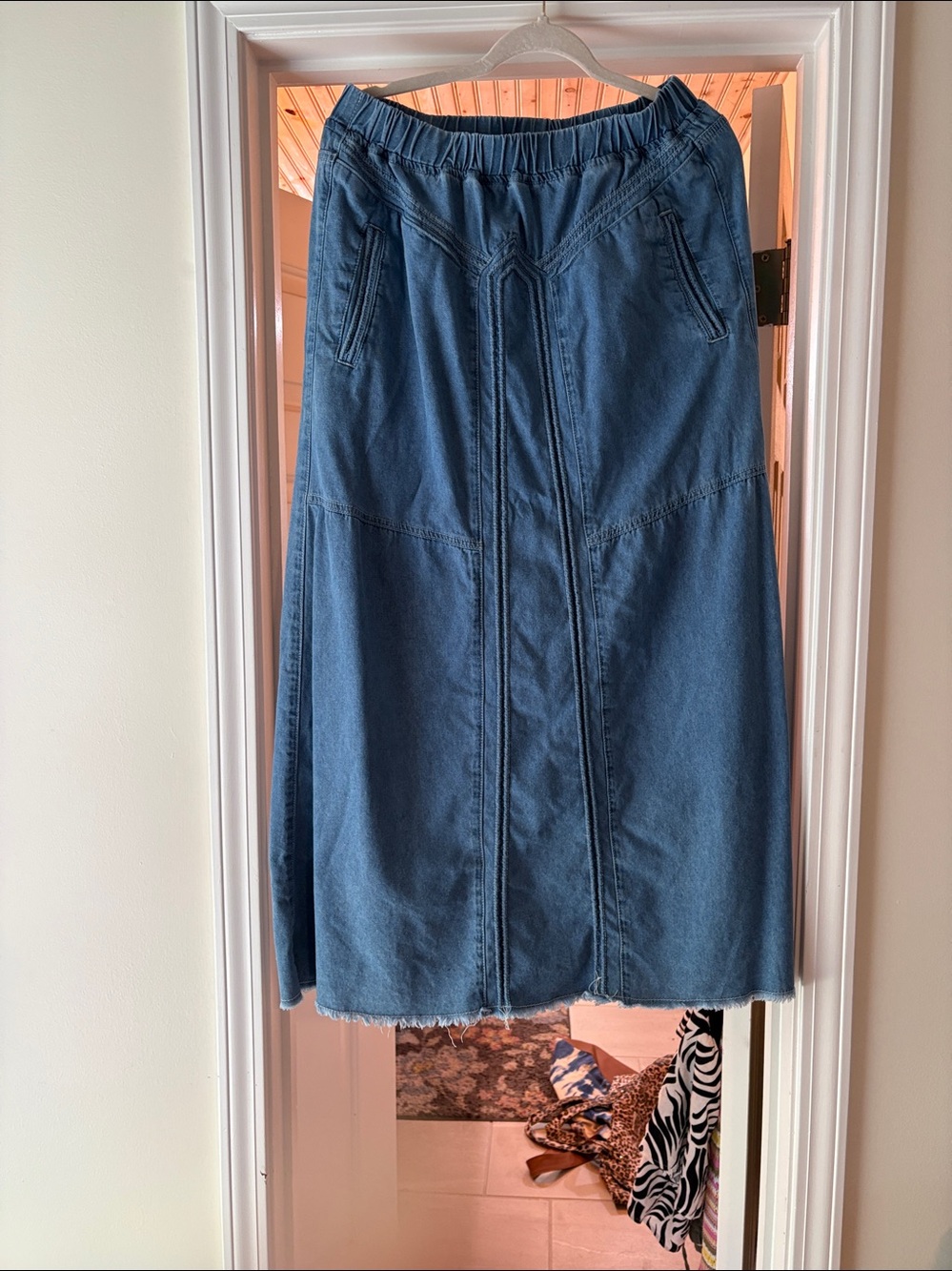 Denim Maxi Skirt with Elastic Waist in Blue
